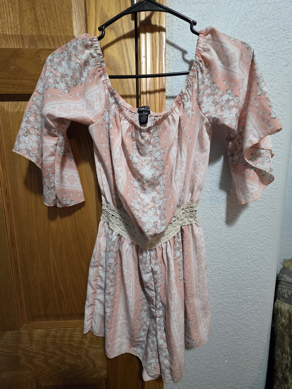Rue21 Peach Floral Off-Shoulder Mini Dress with Crochet Waist